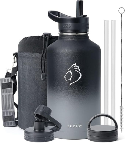 BUZIO 64 oz Water Bottle Insulated with Straw & 3 lid and Carrying Pouch, Leak Proof Half Gallon Stainless Steel Water Flask Jug, Cold for 48 Hrs Double Vacuum Thermo Canteen, BPA-Free, Shadow