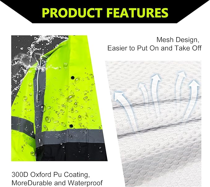 FONIRRA Class 3 High Visibility Rain Suit With Detachable Hood Waterproof Lime Reflective Safety Worker Jacket & Pants (S/M Yellow)