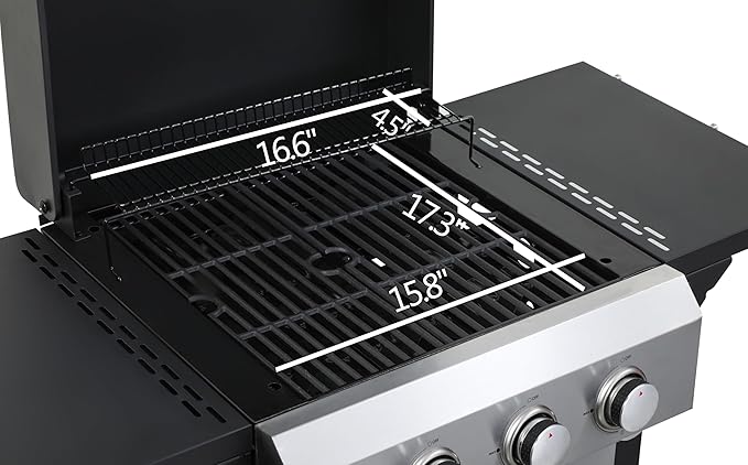 3-Burner Propane Gas BBQ Grill, SS Plancha, 36900BTU Output With Wire Enamel Cooking Grids For Outdoor Barbecue, Foldable Side Table, Hanging Basket, Stainless Steel