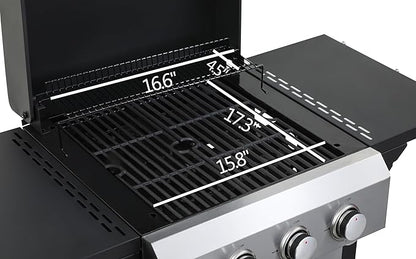 3-Burner Propane Gas BBQ Grill, SS Plancha, 36900BTU Output With Wire Enamel Cooking Grids For Outdoor Barbecue, Foldable Side Table, Hanging Basket, Stainless Steel