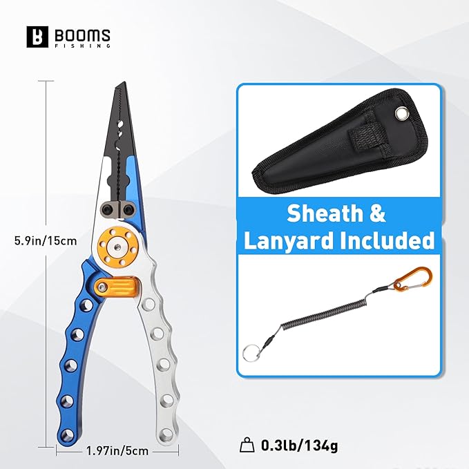 Booms Fishing X1 Aluminum Fishing Pliers Saltwater, Surf Fishing Tackle Kit, Fishing Multitool Hook Remover Braided Fishing Line Cutting and Split Ring with Coiled Lanyard and Sheath