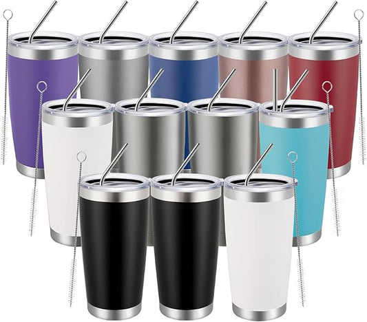 MEWAY 20oz Tumbler 12 Pack Double Wall Vacuum Insulated Travel Mug Bulk, Mix Color Stainless Steel Tumblers with Lid and Straw, Durable Powder Coated Coffee Cups for Cold & Hot Drinks（Color Mix, 12