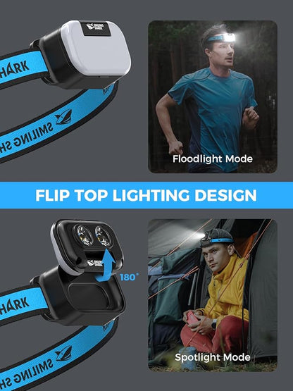 Smiling Shark Headlamp Rechargeable, TD-0151 LED Head Lamp Rechargeable Flip-top Design with White & Warm & Red Floodlight and Spotlight Waterproof for Adults Child Camping Hiking Running Repairing
