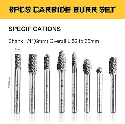 Carbide Burr Set, 1/4" Shank 8PC Double Cut Die Grinder Rotary Tool Cutting Burrs Set for Metal and Wood Working Carving, Engraving, Polishing, Grinding with Portable Round Storage Case