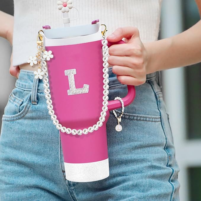 Stanley Cup Accessories Set - Including Water Bottle Carrying Pearl Strap, Handle Letter Charms Sticker, Silicone Cups Boot Straw Cover for 40oz & 30oz Tumbler Accessory Kit