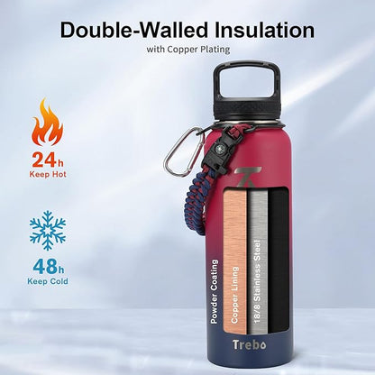 Trebo 40oz Water Bottle with 3 Lid and handle, Vacuum Insulated Stainless Steel Metal Outdoor Leakproof BPA-Free Flask, Keep Cold 48 Hours Water Jug, Best Gift for Men Women Holiday, Ruby Red