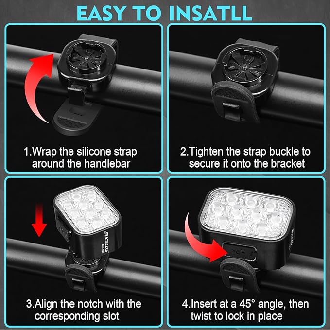 BUCKLOS Bike Lights Front and Back for Night Riding, 10 LED Ultra Bright 8+9 Modes USB Rechargeable Bicycle Headlight and Tail, IPX6 Waterproof 1100mAh Bikes Light Set, 35 Hrs Long Battery Powered