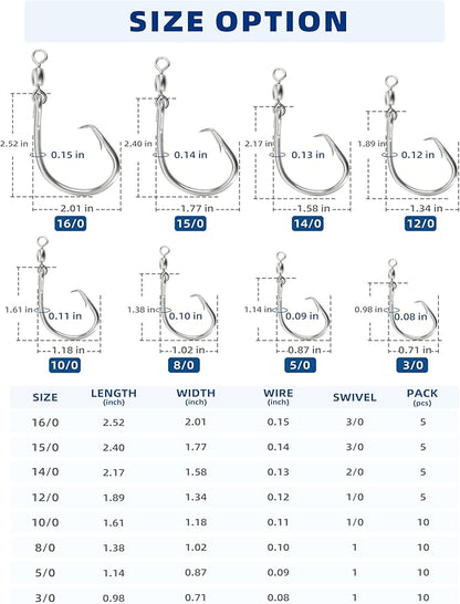 BLUEWING Offset Circle Hook with Swivel Stainless Steel 5pcs/10pcs Extra Sharp for Freshwater Saltwater Big Game Fishing