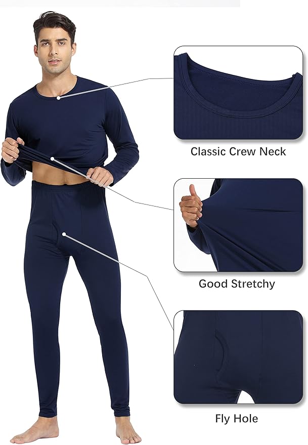 URATOT 2 Sets Men's Thermal Underwear Set Fleece Lined Thermal Underwear Soft Long Johns Top Bottom Set for Men Cold Winter