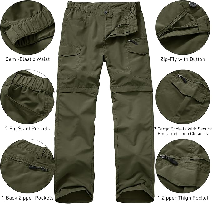 Mens Hiking Convertible Pants Quick Dry Waterproof Zip Off Lightweight Cargo Safari Fishing Work Pants Trousers with Belt