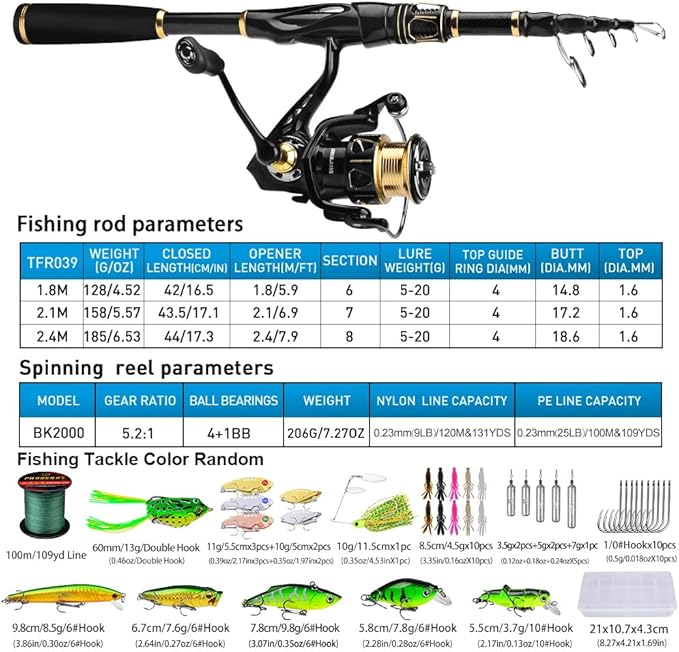 Fishing Rod and Reel Combo - Carbon Fiber Telescopic Fishing Pole with 2000 Spinning Reel Combos - Sea Saltwater Freshwater Ice Bass Fishing Tackle Set Fishing Rods Kit Fishing Poles and Reels Combo