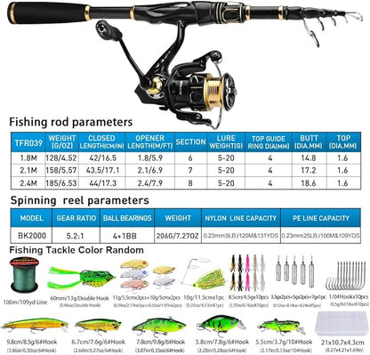 Fishing Rod and Reel Combo - Carbon Fiber Telescopic Fishing Pole with 2000 Spinning Reel Combos - Sea Saltwater Freshwater Ice Bass Fishing Tackle Set Fishing Rods Kit Fishing Poles and Reels Combo