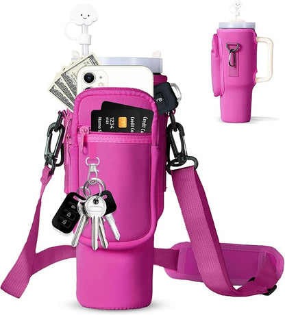 dabria Water Bottle Carrier Bag with Phone Pocket for Stanley 40/30 oz Tumbler Neoprene Water Bottle Holder Pouch with Adjustable Strap Bollus with Straw Cover & Carabiner for Stanley Cup Accessories