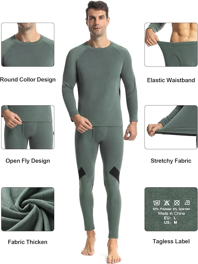 Runhit Mens Thermal Underwear Set：Fleece Lined Long Johns for Men Thermal Shirts and Pants Base Layer Cold Weather Thermals