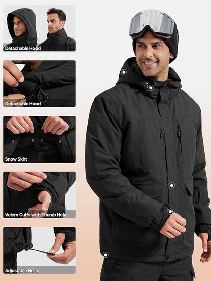 FREE SOLDIER Men's Waterproof Ski Jacket Fleece Lined Warm Winter Snow Coat with Hood Fully Taped Seams