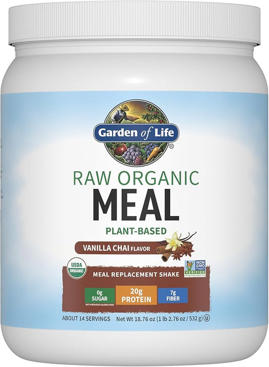 Garden of Life Meal Replacement Shakes, Vegan Protein Powder, Raw Organic Meal, Vanilla Chai Powder with Plant Based Pea Protein, Sprouts, Greens, Probiotics, Dairy Free 14 Servings