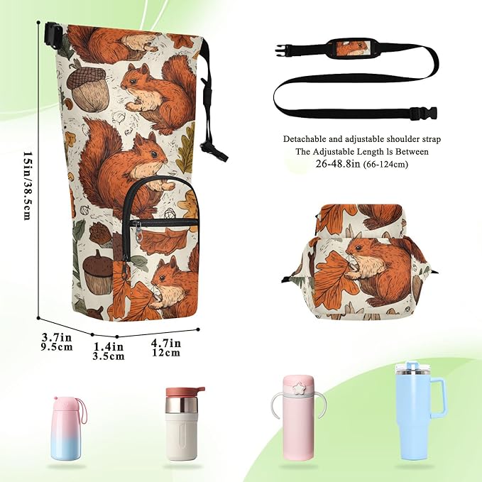 Brown Squirrels Acorns Leaves Mushrooms Water Bottle Holder with Strap Insulated Water Bottle Carrier Crossbody Bags Pouch with Phone Pocket for Travel Gym Hiking Walking Running
