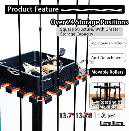 Freestanding Rotating Fishing Rod Rack, Home Display Organizer, Tool-Free Assembly, Holds up to 24 Rods, with Rolling Wheels (Holds up to 24 Rods Without Rolling Wheels)