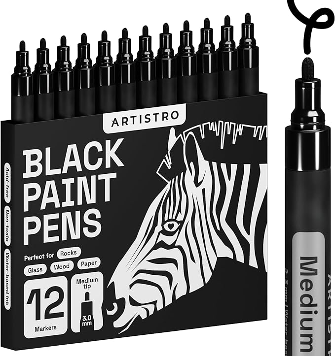 ARTISTRO 12 Black Acrylic Paint Markers - Medium Point Paint Pens for Rock, Fabric, Wood, Glass, Ceramic, Black Paper, Scrapbooking Crafts, Card Making, DIY Photo Album