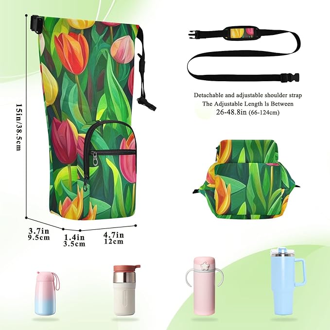 Colorful Tulips Water Bottle Holder with Strap Insulated Water Bottle Carrier Crossbody Bags Pouch with Phone Pocket for Travel Gym Hiking Walking Running