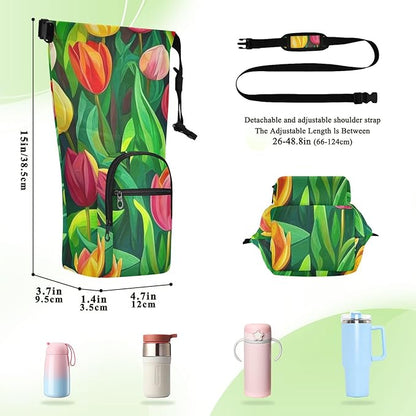 Colorful Tulips Water Bottle Holder with Strap Insulated Water Bottle Carrier Crossbody Bags Pouch with Phone Pocket for Travel Gym Hiking Walking Running