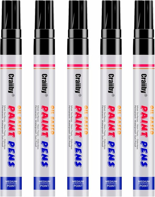 Black Paint Markers, 5 Pack Oil-Based Waterproof Quick Dry Permanent Paint Pen Set for Rocks Painting, Wood, Fabric, Plastic, Canvas, Glass, Mugs, Metal, Tire, Stone, DIY Craft