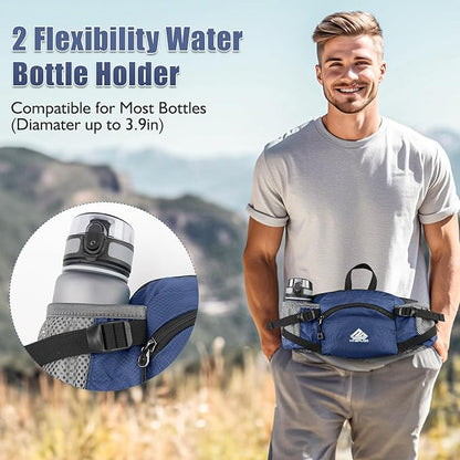 Fanny Pack Waist Bag with Water Bottle Holder for Men Women Running Hiking Travel Dog Walking Workout Cycling Outdoor (Dark Blue)
