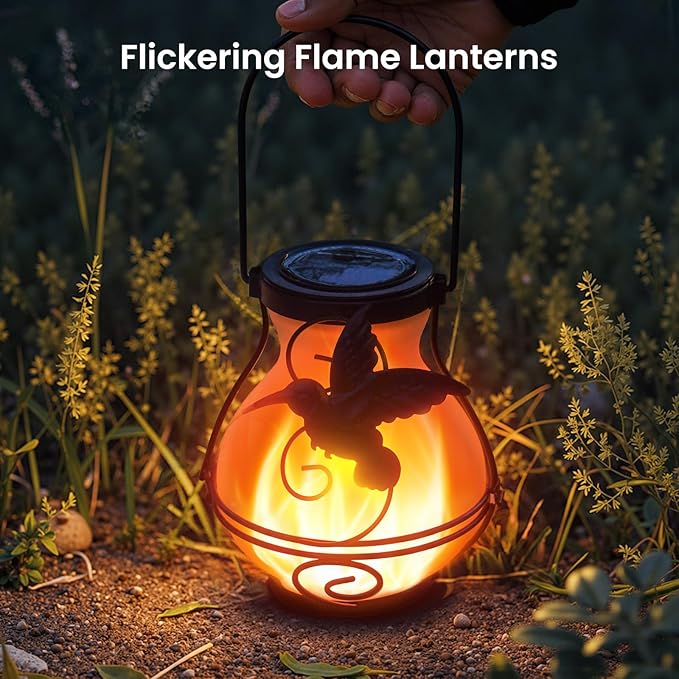 2 Pack Solar Lanterns Outdoor Waterproof Flickering Flame Lights Hummingbird Metal Hanging Solar Lantern Patio Porch Garden Decoration