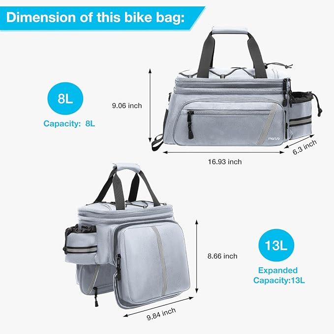 MOSISO Bike Rack Bag with Rain Cover, Bike Trunk Cooler Handag Insulated Bicycle Rear Seat Pouch with 2 Side Foldable Panniers, 8L Cycling Backseat Storage Cargo Saddle Shoulder Bag, Gray