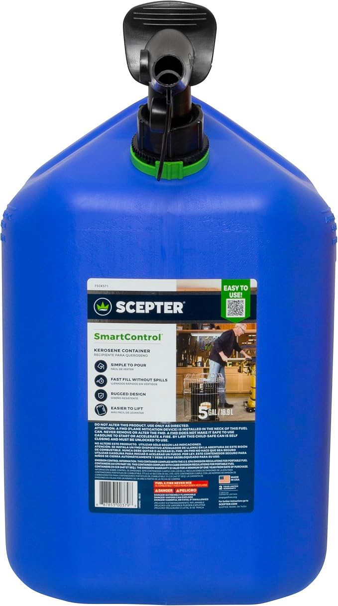 Scepter FSCK552 Fuel Container with Spill Proof SmartControl Spout, Blue Kerosene Can, 5 Gallon (Pack of 4)
