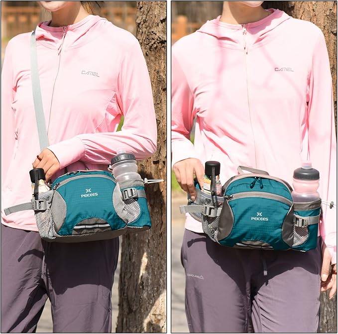 Peicees Hiking Fanny Pack Large Waist Bag for Men Women with Bottle Holder Water Resistant Lumbar Pack for Hiking Camping Fishing Outdoor (Bottle Not Included)