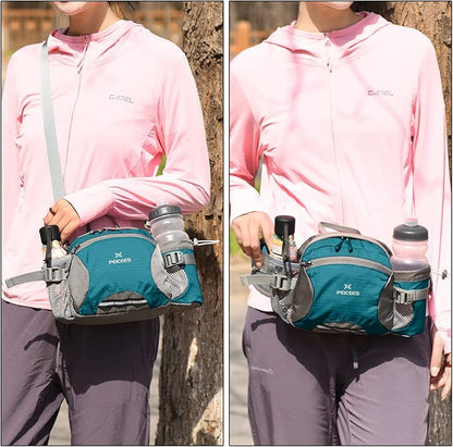 Peicees Hiking Fanny Pack Large Waist Bag for Men Women with Bottle Holder Water Resistant Lumbar Pack for Hiking Camping Fishing Outdoor (Bottle Not Included)