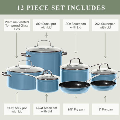 Nuwave Healthy Duralon Blue Ceramic Nonstick Cookware Set, Diamond Infused Scratch-Resistant, PFAS Free, Dishwasher & Oven Safe, Induction Ready & Evenly Heats, Tempered Glass Lids & Stay-Cool Handles