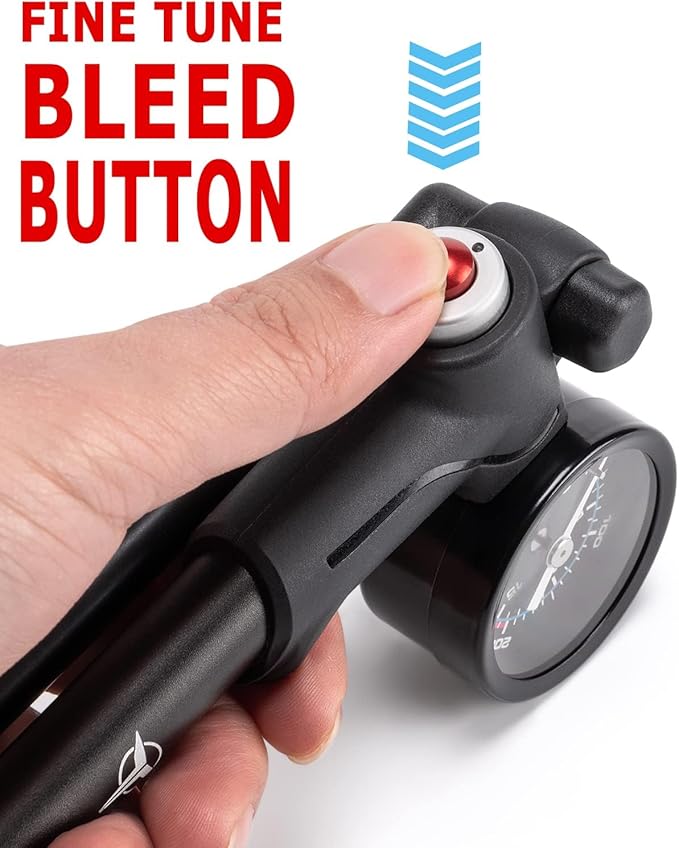 Shock Pump for Mountain, Road Bikes and Motorcycle - 300 Psi High Pressure for Front Fork and Rear Suspension Air Shocks Pump with Gauge -Portable Mini Pump with Air Bleed Button