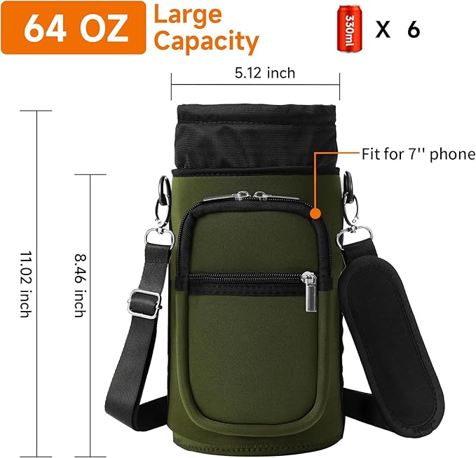 32/40/64/128 oz Neoprene Insulated Water Bottle Carrier Bag, Sling Bag Sleeve Pouch Holder with Strap & Paracord Handle and 2 Pocket for Travelling, Hiking, Camping