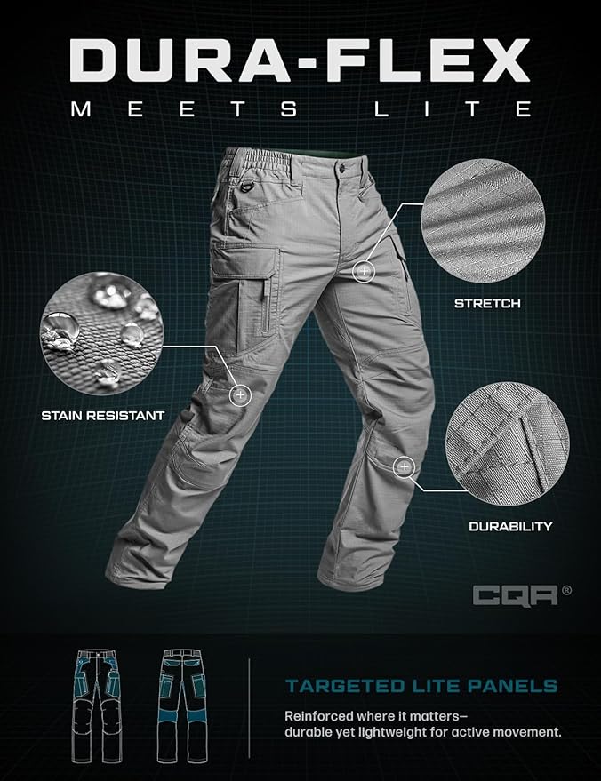 CQR Men's Flex Stretch Tactical Pants, Water Resistant Ripstop Cargo Pants, Lightweight EDC Outdoor Work Hiking Pants
