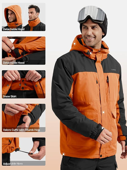 FREE SOLDIER Men's Waterproof Ski Jacket Fleece Lined Warm Winter Snow Coat with Hood Fully Taped Seams