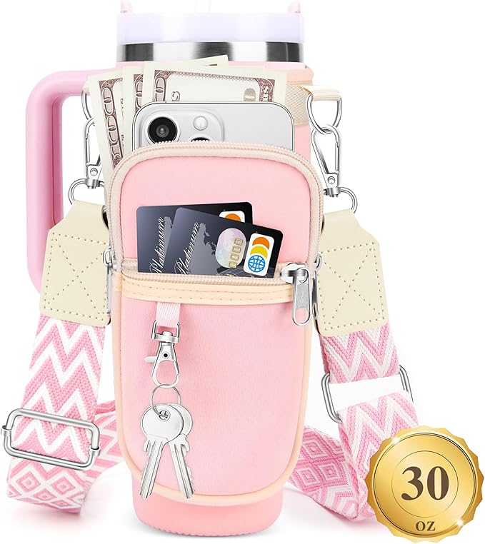 Water Bottle Carrier Bag with Strap for Stanley 40/30 oz Tumbler with Handle, Water Bottle Holder Pouch with Phone Pocket for Stanley Cup Accessories, fit Walking Hiking Travel