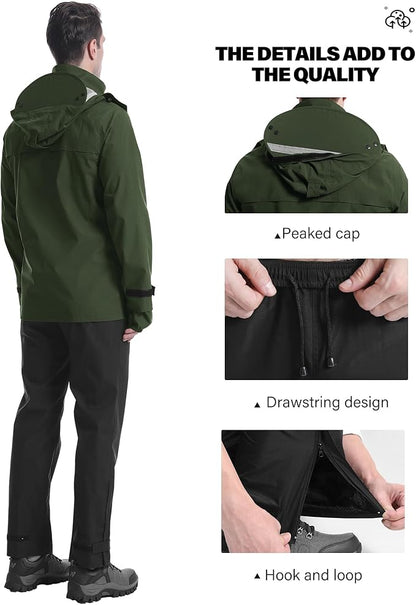 iCreek Rain Suit Waterproof Jacket with Pants 2 Pieces Breathable Lightweight Packable Raincoat with Hooded Rain Gear Unisex