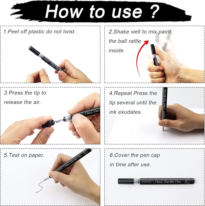 Paint Pen White Black Acrylic Marker Set for Rock Wooden Tire Metal Leather Glass Painting, 0.7mm Fine Point Quick Drying (3pcs Black +3pcs White)