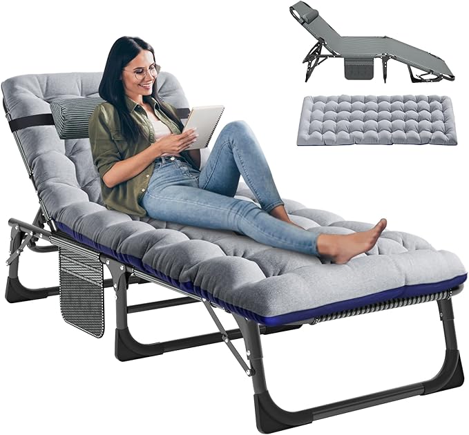 LILYPELLE Folding Outside Chaise Lounge Chair with Mattress, 5 Position Adjustable Patio Reclining Chairs Perfect for Outside, Sunbathing, Camping, Pool, Beach, Grey