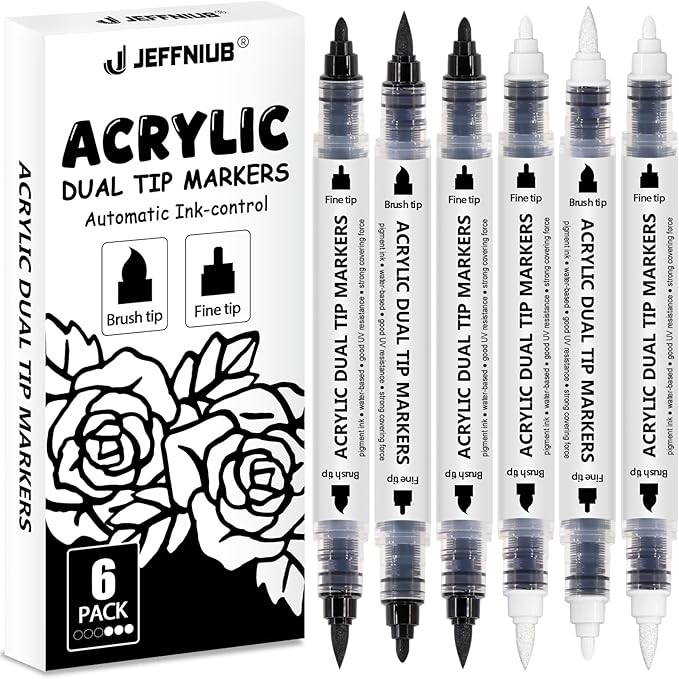 Black White Acrylic paint Markers Dual Tip Set, 6pcs Automatic Ink-Control Fine Tip and Brush Tip, Acrylic Paint Pen For Rock Painting, Metal, Glass, Wood, Fabric, Porcelain, Ceramic