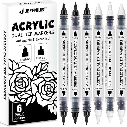 Black White Acrylic paint Markers Dual Tip Set, 6pcs Automatic Ink-Control Fine Tip and Brush Tip, Acrylic Paint Pen For Rock Painting, Metal, Glass, Wood, Fabric, Porcelain, Ceramic