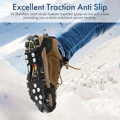 Ice Cleats for Shoes and Boots, Ice Snow Grips for Winter Walking Traction, Anti-Slip Ice Traction Cleats with 10 Steel Studs Crampons Gripper Spikes for Shoes Men Women