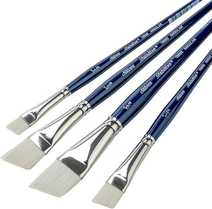 Silver Brush Limited BR-1957S Bristlon Short Handle Angle Brushes with Stiff White Synthetic Tips, 4pc Premium Painting Bundle for Acrylic, Oil, Watercolor, & All Media, Sizes 3/8, 3/4, 1/2 & 5/8 Inch