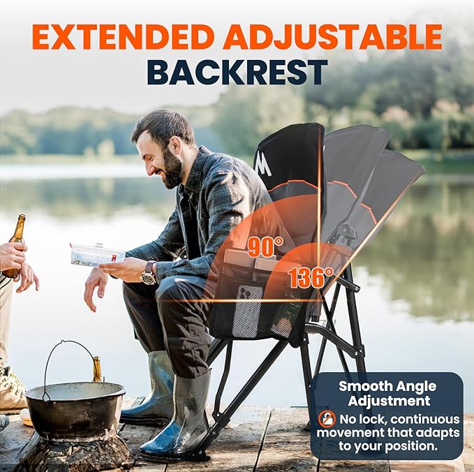 Overmont Back Support Camping Chair for Adults - Oversized with Adjustable High Backrest - Heavy Duty Folding Chair Supports 450 LBS - Cup Holder & Side Pocket – Perfect for Outdoor, Lawn, Beach Use