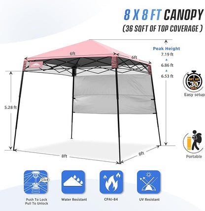 EAGLE PEAK 8x8 Pop Up Canopy Tent with Sidewall, Compact, Portable Slant Leg Instant Sun Shelter for Beach, Sports, & Camping, 8x8 Base 6x6 Top, Tender Pink