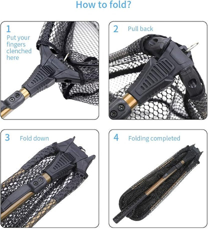 YVLEEN Folding Fishing Net - Foldable Fish Landing Net Robust Aluminum Telescopic Pole Handle and Nylon Mesh 16inch Hoop Size