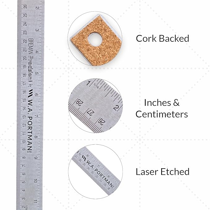 Breman Precision Metal Ruler 12 Inch Cork Back – 2 Pk Stainless Steel Straight Edge, Flexible Non-Slip Metal Ruler with Cork Backing – Imperial & Metric for Crafting, School, Workshop & Home Use