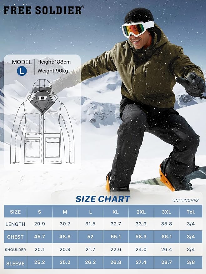 FREE SOLDIER Men's Waterproof Ski Jacket Fleece Lined Warm Winter Snow Coat with Hood Fully Taped Seams